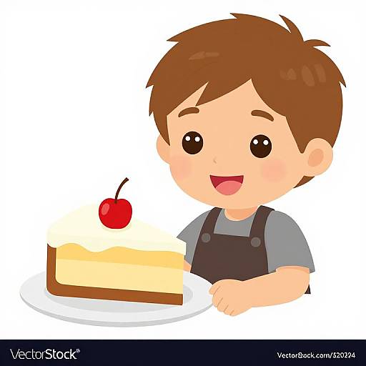 Cartoon boy with brown hair, gray shirt, and black overalls, smiles while holding a plate with a slice of cream pie topped with a cherry