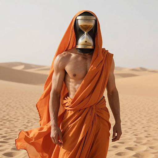 Photograph of a muscular, shirtless man in an orange draped robe, with an hourglass for a head, standing in a sunlit desert.