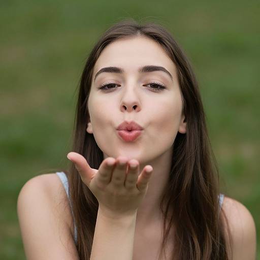 Photograph of a young woman with long dark brown hair, fair skin, and light makeup, blowing a kiss with her right hand, wearing a blue