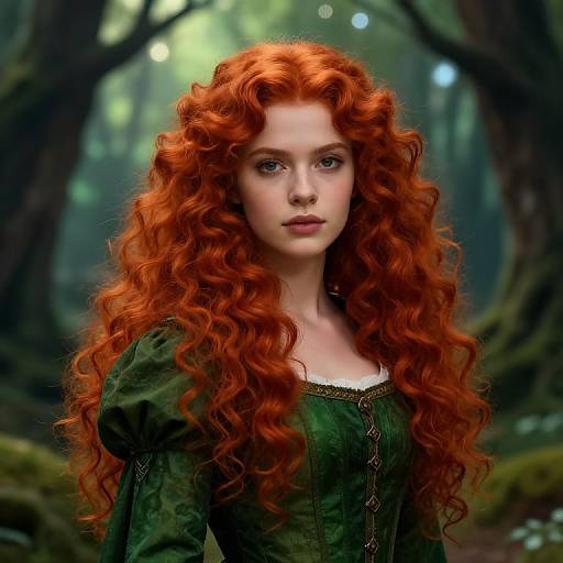 Digital painting of a fair-skinned woman with vibrant red, curly hair, wearing a green medieval-style dress, standing in a misty forest.