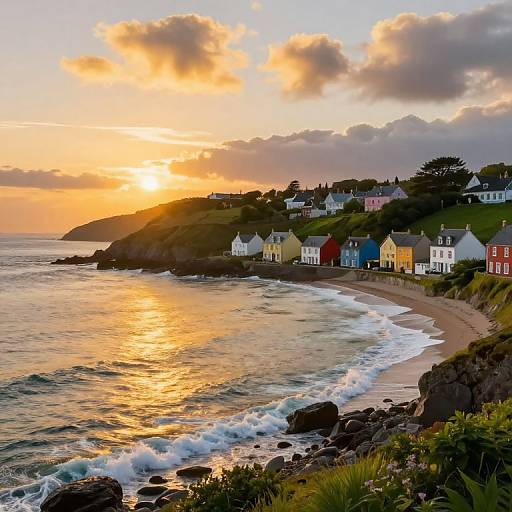 Photograph of colorful beachside houses at sunset, with golden sunlight reflecting on the ocean, waves crashing on the rocky shore, and dramatic clouds in the