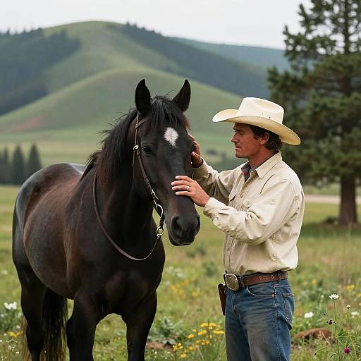 Photograph of a tan-skinned cowboy in a white hat and shirt, gently petting a black horse with a white blaze, in a green,