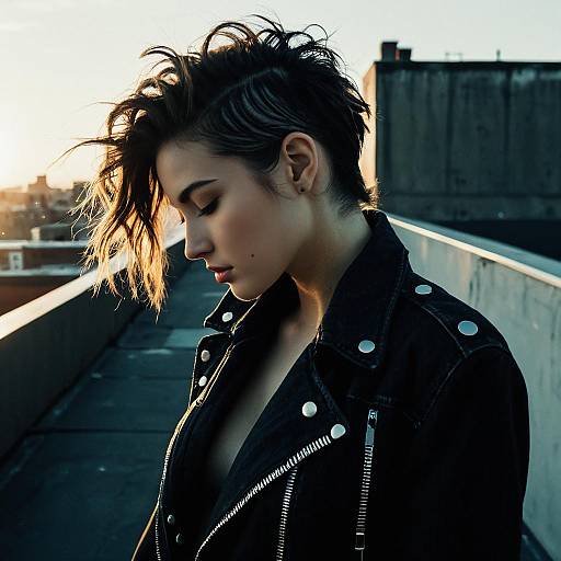 Woman with Sideburns Hairstyle on Rooftop