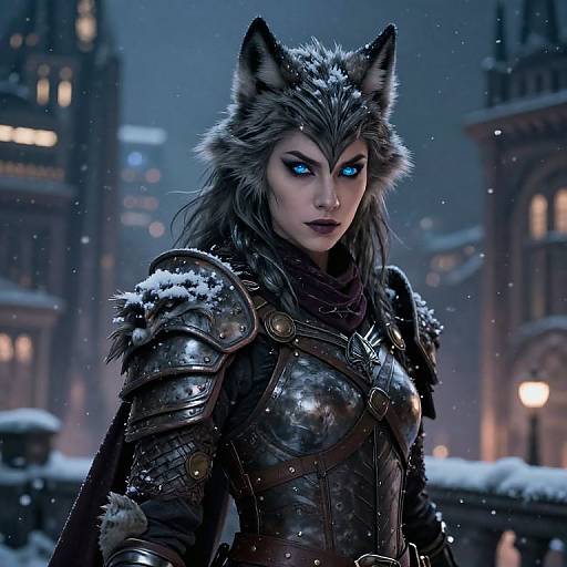 CGI fantasy image of a fierce, blue-eyed, wolf-eared woman in snow-covered, armored city at night, glowing eyes, fur-lined head
