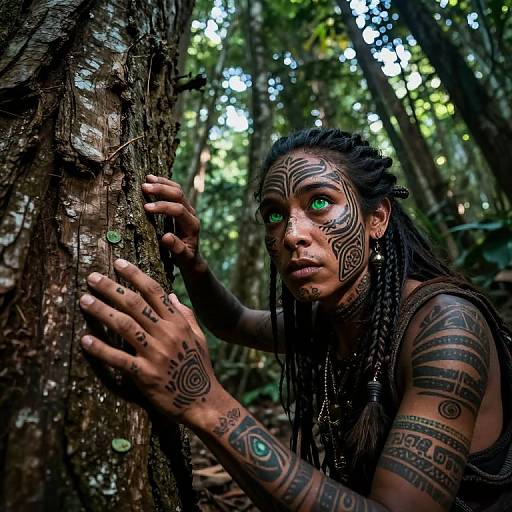 Photograph of a tribal woman with green eyes, black dreadlocks, and intricate body tattoos, leaning against a forest tree, surrounded by lush greenery