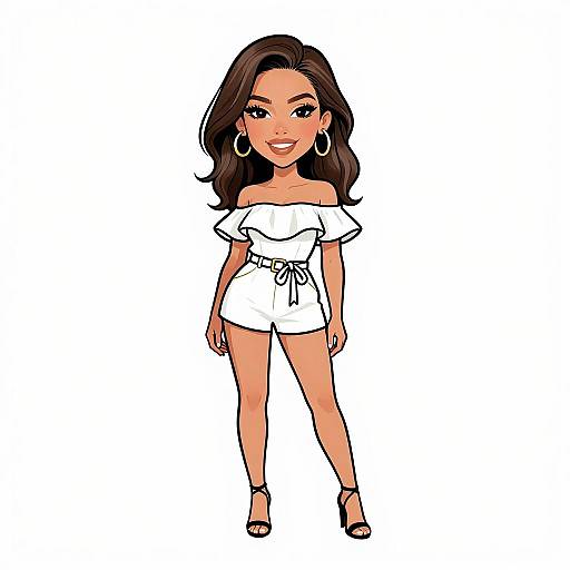 Cartoon-style digital drawing of a smiling woman with dark brown hair, wearing a white off-the-shoulder romper, large hoop earrings, and