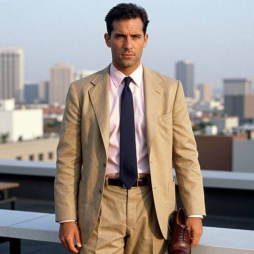 Photograph of a handsome, dark-haired man in a beige suit, white shirt, and black tie, standing on a rooftop with a cityscape background