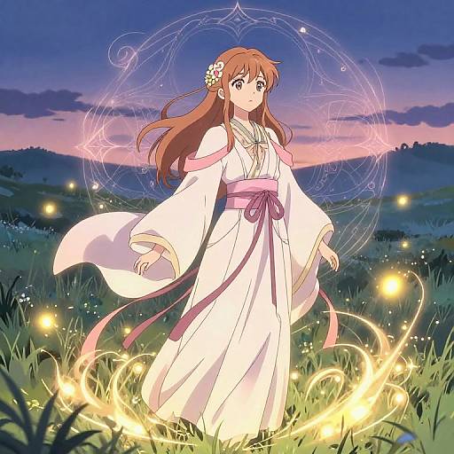 Anime-style digital drawing of a brown-haired woman in a white robe with pink sash, surrounded by magical glowing circles and fireflies at dusk in a