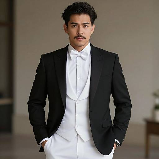 Photograph of an Asian man with short black hair and mustache, wearing a black tuxedo with white shirt and bow tie, hands in pockets