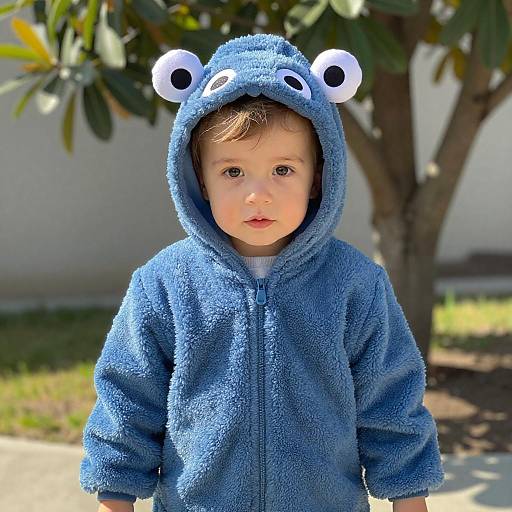 Photograph of a young boy with light brown hair, wearing a blue, fuzzy, hooded onesie with frog ears, standing outdoors in front of