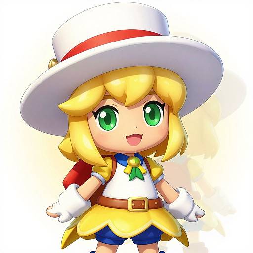 Chibi-style digital drawing of a cute blonde girl with green eyes, wearing a white hat, yellow shirt, blue shorts, and white gloves. Bright