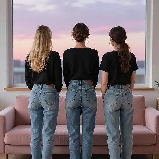 Three Women Standing by Window at Sunset