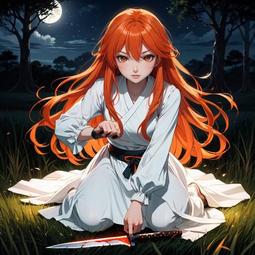 Anime Girl with Red Hair Holding Knife at Night