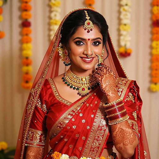 Photograph of an Indian bride in a red sari with gold embroidery, traditional jewelry, and floral garland background, smiling confidently.
