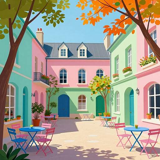 Whimsical Parisian Courtyard in Hockney Style