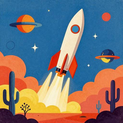 Vibrant digital illustration of a white rocket with red fins launching against a blue sky with red-orange planets, cacti, and clouds.
