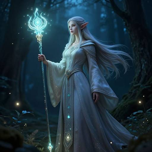 Digital fantasy artwork of an elf woman with long white hair, pointed ears, and glowing blue staff, wearing a flowing white robe, standing in a dark