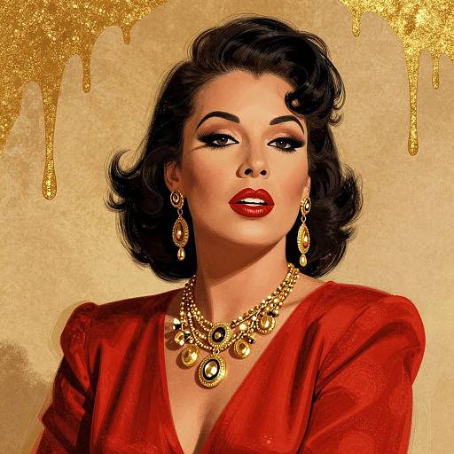 Digital illustration of a glamorous woman with dark, wavy hair, red lipstick, and dramatic eye makeup. She wears a red dress, gold necklace,