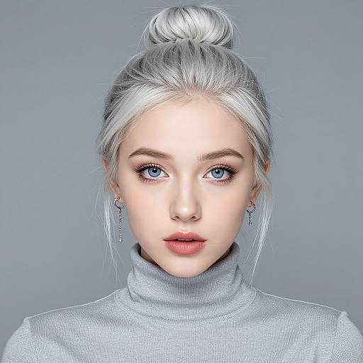 Digital portrait of a pale-skinned woman with white hair in a bun, blue eyes, wearing a gray turtleneck, and silver cross earrings,