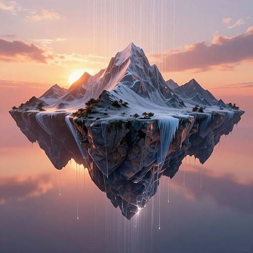 Digital artwork of a floating, snow-capped mountain with reflective waters, surrounded by pink-orange sunset sky and vertical rain streaks.