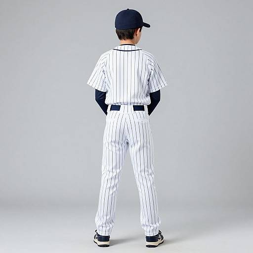 Photograph of a male baseball player from behind, wearing a white pinstriped uniform, black cap, black socks, and black shoes, standing
