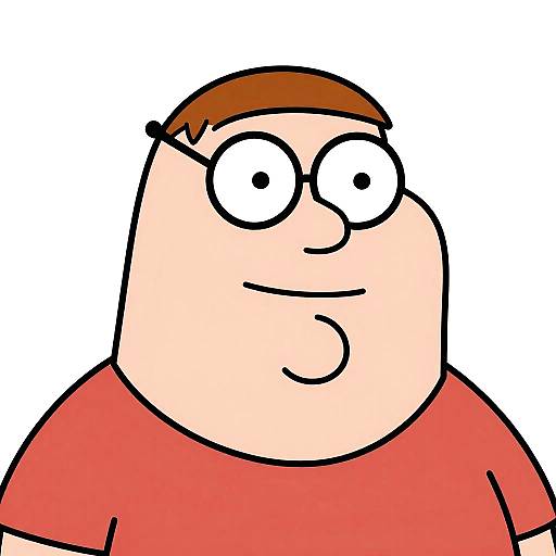 Cartoon-style drawing of a chubby, pale-skinned man with brown hair, large round eyes, black pupils, red shirt, and a small smile