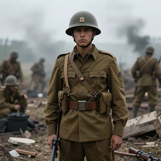 Photograph of a serious young male soldier in World War II-era uniform, helmet, and gear, standing amidst a war-torn battlefield with smoke in