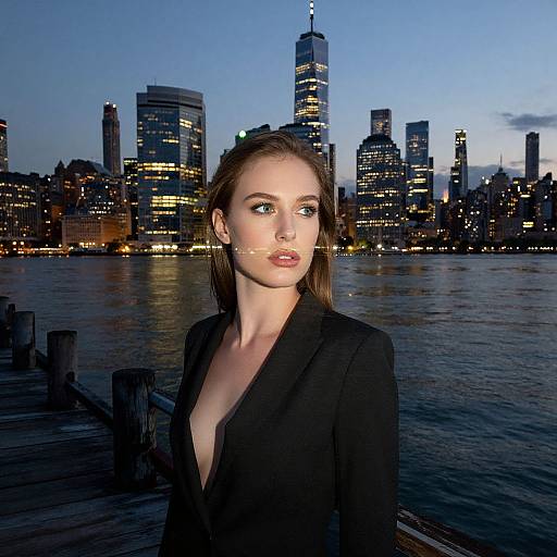 Photograph of a fair-skinned woman with blue eyes, wet brown hair, black blazer, deep V-neck, standing on a dock at dusk