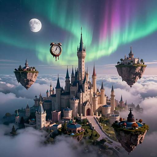 Fantastical digital artwork of a floating castle under vibrant auroras, with two clock-tower islands and a full moon, surrounded by clouds.