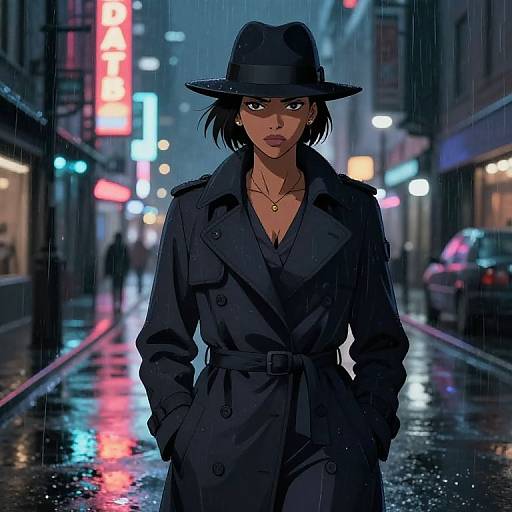 Digital art of a serious, dark-skinned woman with short black hair, wearing a black trench coat and hat, standing in a rainy, neon-l