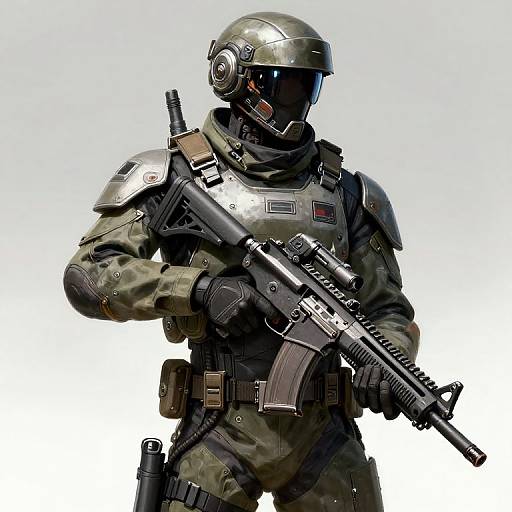Digital illustration of a heavily armored, camo-clad soldier with a black helmet, visor, and rifle, against a white background.