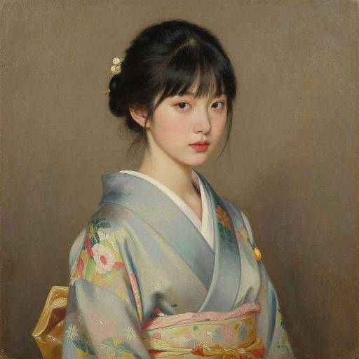 Photorealistic painting of a young East Asian woman with fair skin, black hair in a bun, wearing a light blue floral kimono, against a