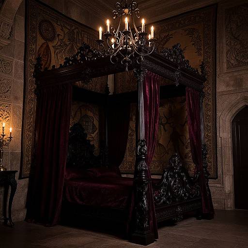Dark, ornate four-poster bed with rich red curtains, intricate black wooden carvings, and a lit chandelier in a dimly lit