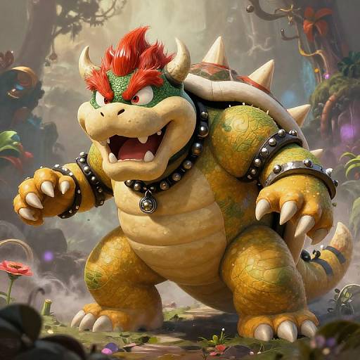 Digital artwork of Bowser, a large, yellow, spiked-shelled Koopa with red hair, black spiked collar, and armbands, roaring