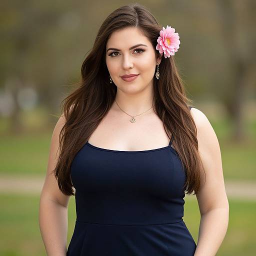 Photograph of a fair-skinned woman with long brown hair, wearing a black dress, pink flower in hair, and jewelry, standing outdoors.