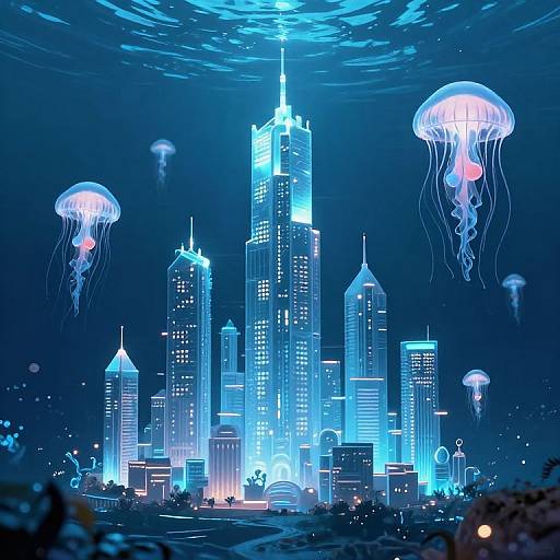Digital art: Glowing blue skyscrapers with illuminated windows, surrounded by bioluminescent jellyfish in a dark, underwater cityscape.