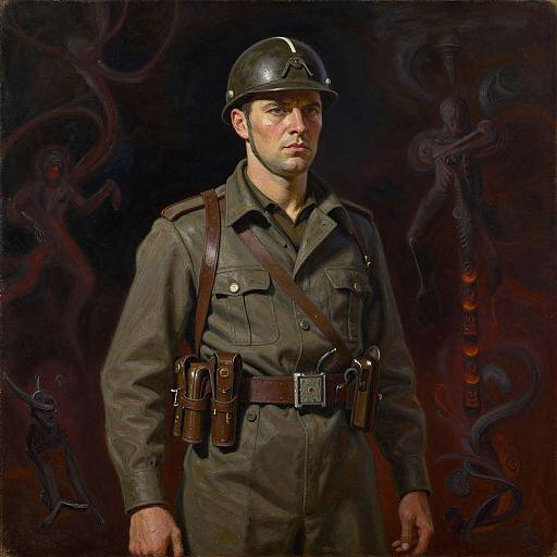 Digital painting of a serious male soldier in WWII-style uniform with helmet, brown belt, and pouches, set against a dark, ominous background with shadow