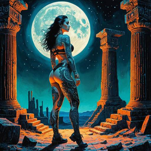 Tattooed Woman Among Ancient Ruins Under Full Moon