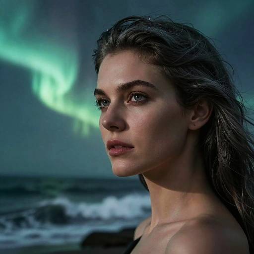 Photograph of a young woman with wet, wavy brown hair, staring into the distance against a backdrop of northern lights and dark ocean waves.