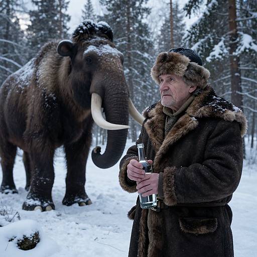 Photograph of an elderly man in a fur hat and coat, holding a glass, standing in snowy forest beside a large, tusked woolly mam