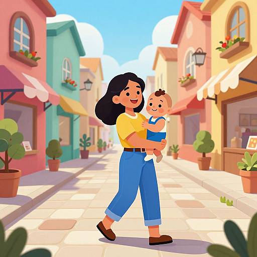Cartoon-style illustration of a smiling woman with black hair, wearing a yellow top and blue pants, holding a baby in a blue outfit, walking down