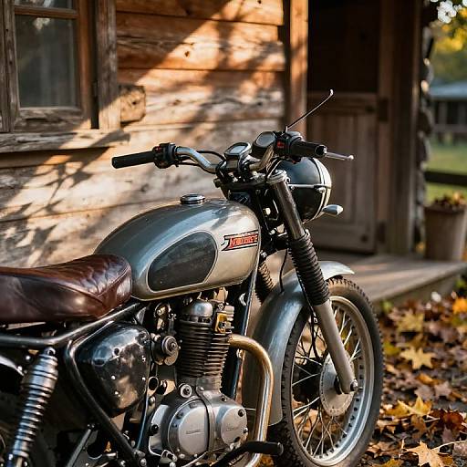 Photograph of a vintage silver and black motorcycle with a leather seat parked in front of a wooden shed, surrounded by fallen autumn leaves. Sunlight casts