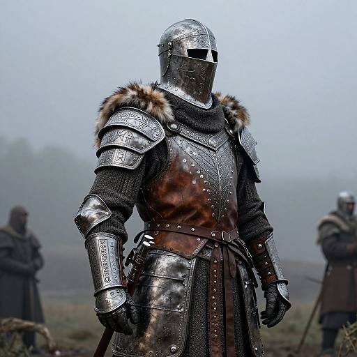 Photograph of a medieval knight in silver armor with fur trim, blood-stained chest plate, standing in a misty battlefield, two blurred figures in