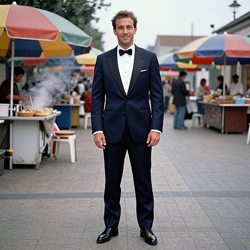 Photograph of a smiling man in a black tuxedo with bow tie, standing in an outdoor market with colorful umbrellas and food stalls in the