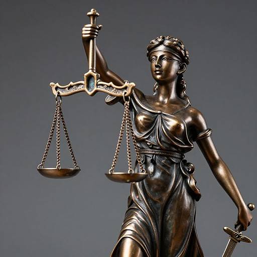 Photograph of a dark bronze statue of a classical woman holding balanced scales in her right hand, wearing a flowing dress, against a gradient gray-blue background