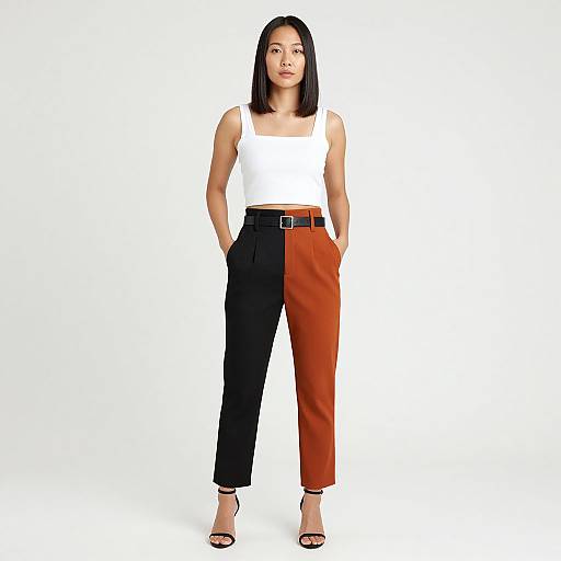 Photograph of an Asian woman with straight black hair, wearing a white sleeveless top and split-color pants (black and orange), black belt, and