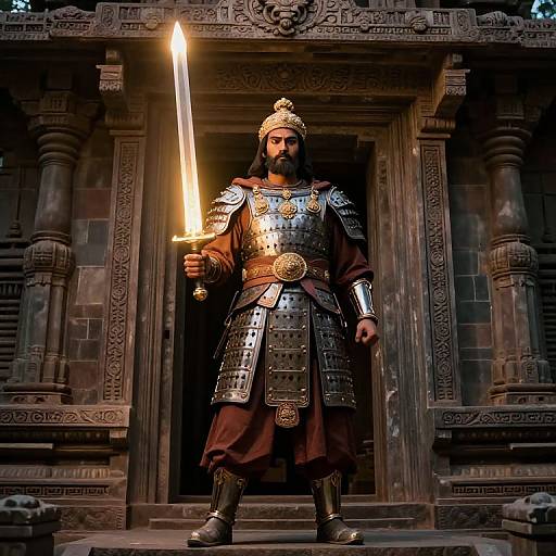 Photograph of a bearded man in medieval armor holding a glowing sword, standing in front of an ornate stone temple doorway.
