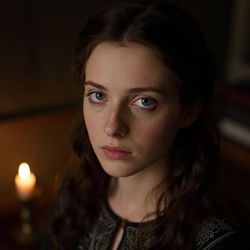 Photograph of a serious young woman with blue eyes, dark wavy hair, and fair skin, illuminated by soft candlelight in a dimly lit