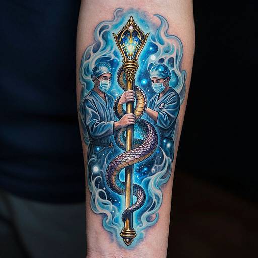 Photograph of a vibrant tattoo on a forearm featuring two blue-faced men in uniforms holding a staff, entwined by a blue serpent, set against