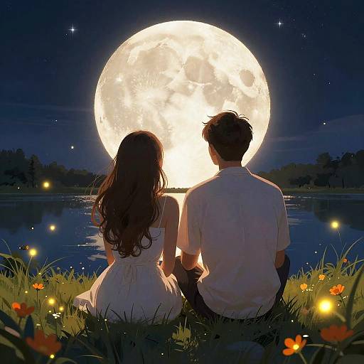 Digital artwork of a couple sitting on grass, back-to-back, gazing at a glowing full moon over a reflective lake, surrounded by fireflies and